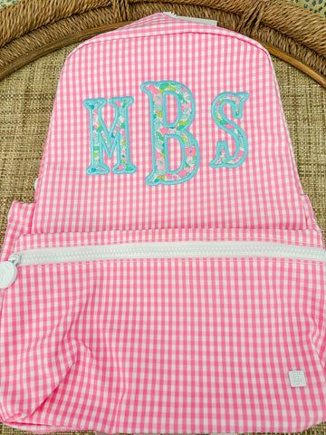 "mBs" Liberty fabric applique pink gingham TRVL backpack